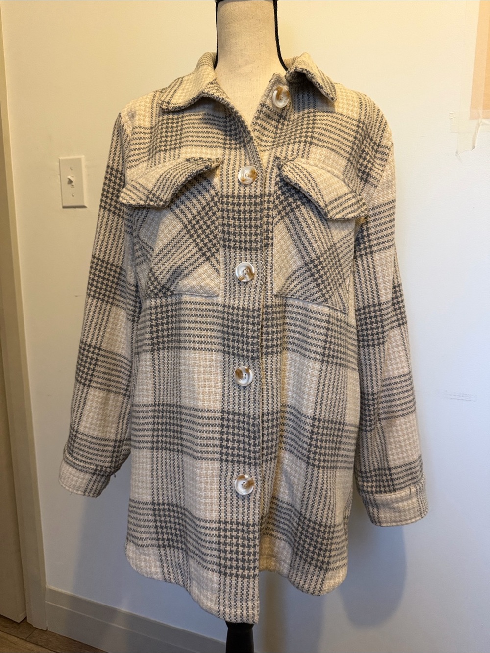 Ellison Beige Tweed Coat Jacket - Classic Neutral Outerwear Large Shacket